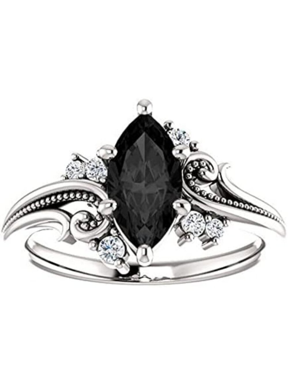 Elegant 925 Sterling Silver Filigree Black Marquise Ring with Onyx & Diamonds